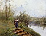Paysanne au bord de la riviere by Eugene Galien-Laloue